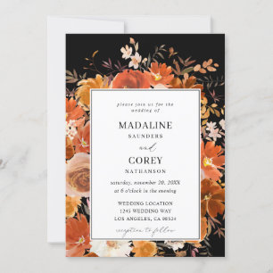 Invitación Boda floral rojo y Naranja otoño B - negro