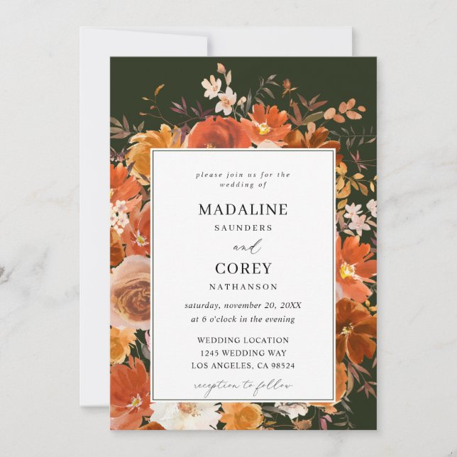 Invitación Boda floral rojo y Naranja otoño B - verde (Anverso)