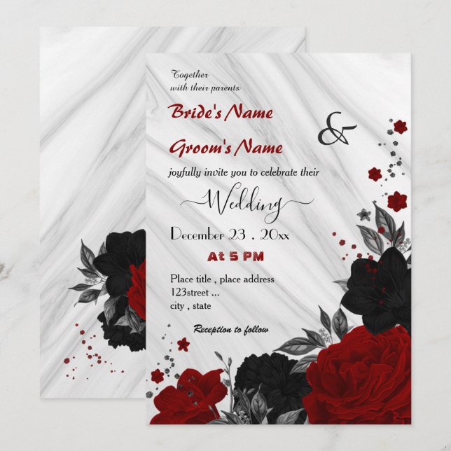 Invitación boda floral rojo y negro (Anverso / Reverso)