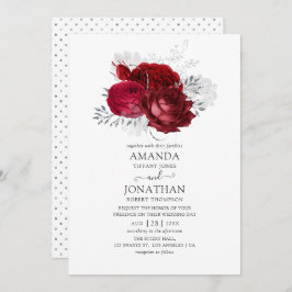 Invitación Boda floral rojo y plateado