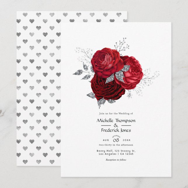 Invitación Boda floral rojo y plateado (Anverso / Reverso)