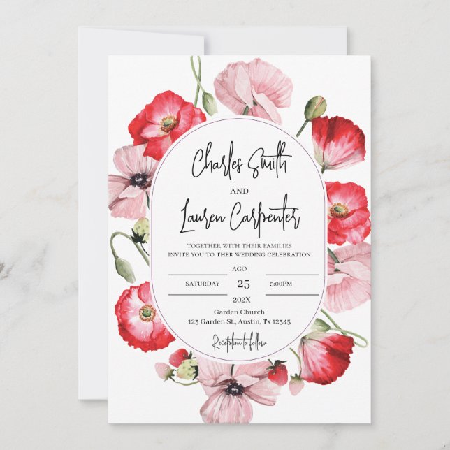 Invitación Boda floral rojo y rosa (Anverso)