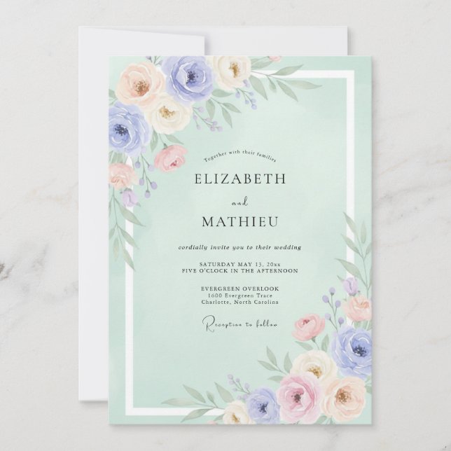 Invitación Boda Floral Romance a la Menta (Anverso)