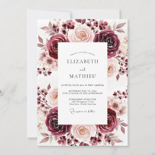 Invitación Boda Floral Romance Rosa Borgoña