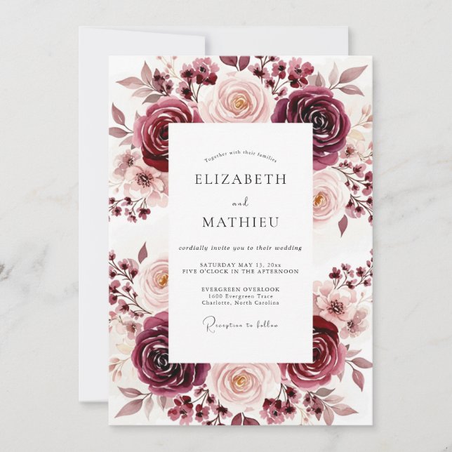 Invitación Boda Floral Romance Rosa Borgoña (Anverso)