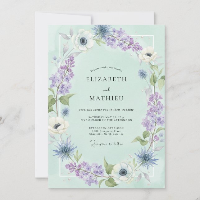 Invitación Boda Floral Romance Sereno Menta (Anverso)