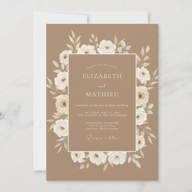 Invitación Boda Floral Romance Tan Cream (Anverso)