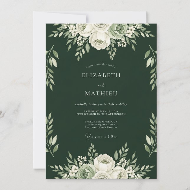Invitación Boda Floral Romance Verde Bosque (Anverso)