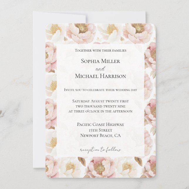 Invitación Boda floral romano de oro rosado (Anverso)