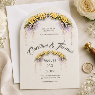 Invitación Boda Floral Romántica Amarillo Canario de Freesia