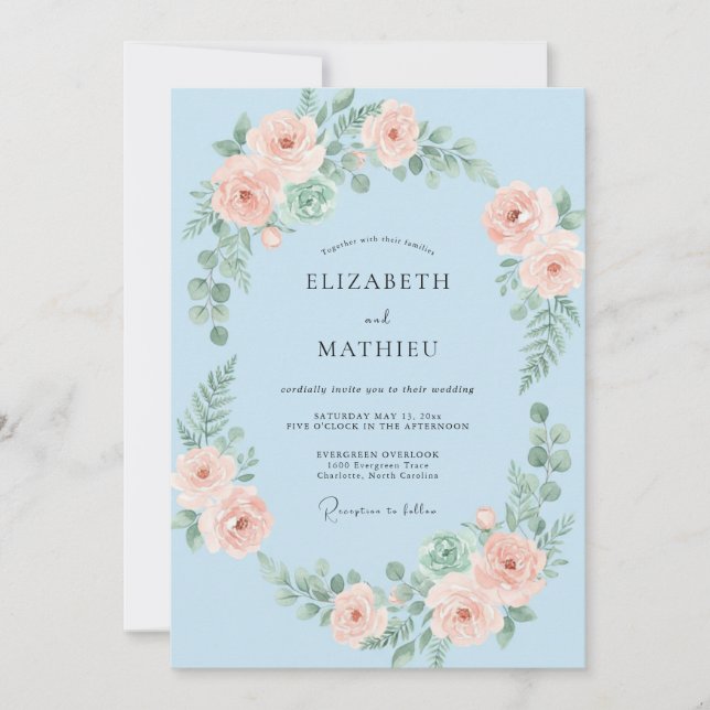 Invitación Boda Floral Romántica Azul Bebé (Anverso)
