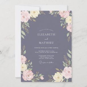 Invitación Boda floral romántica azul pizarra