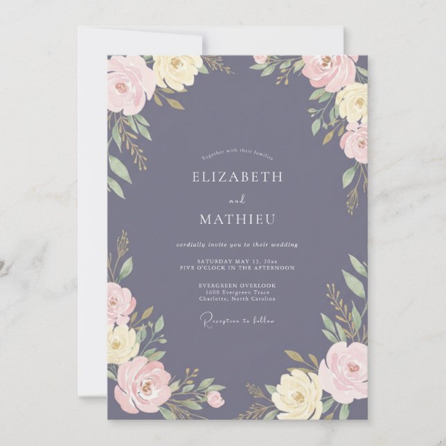 Invitación Boda floral romántica azul pizarra (Anverso)