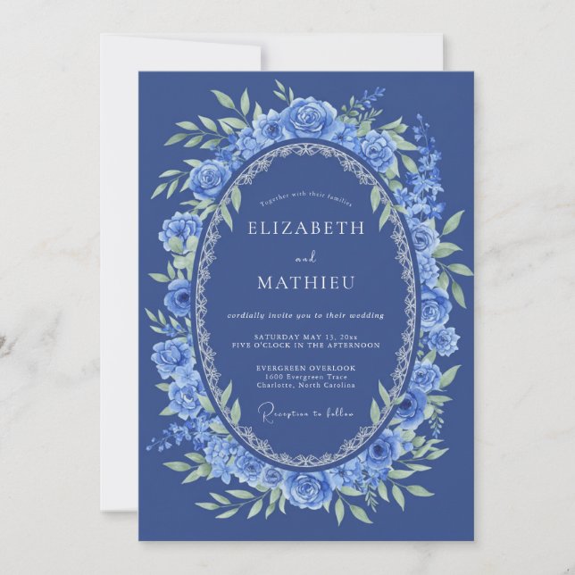 Invitación Boda floral romántica azul real (Anverso)