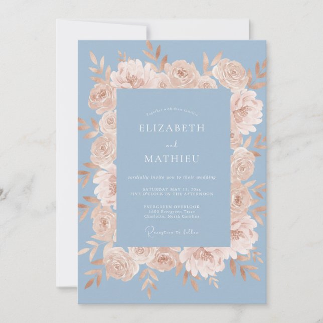 Invitación Boda Floral Romántica Blue Peach (Anverso)