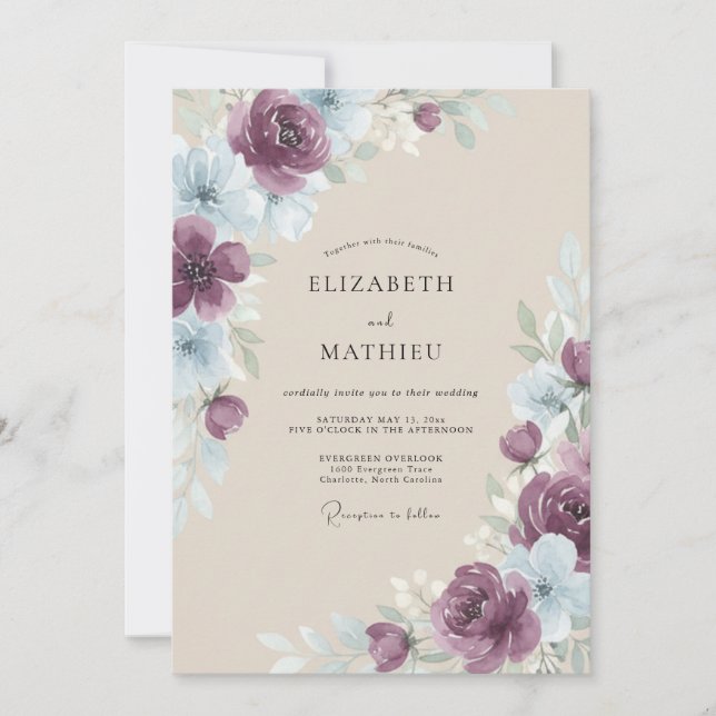 Invitación Boda Floral Romántica Ciruela (Anverso)