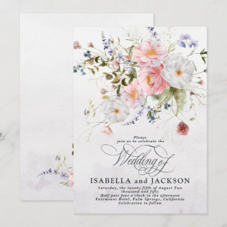 Invitación Boda floral romántica con acuarela en rosa y blanc