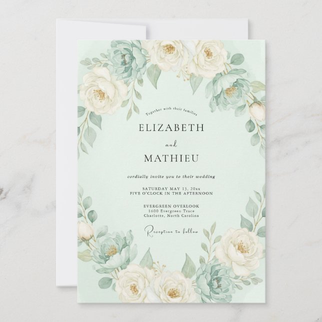 Invitación Boda floral romántica con menta (Anverso)