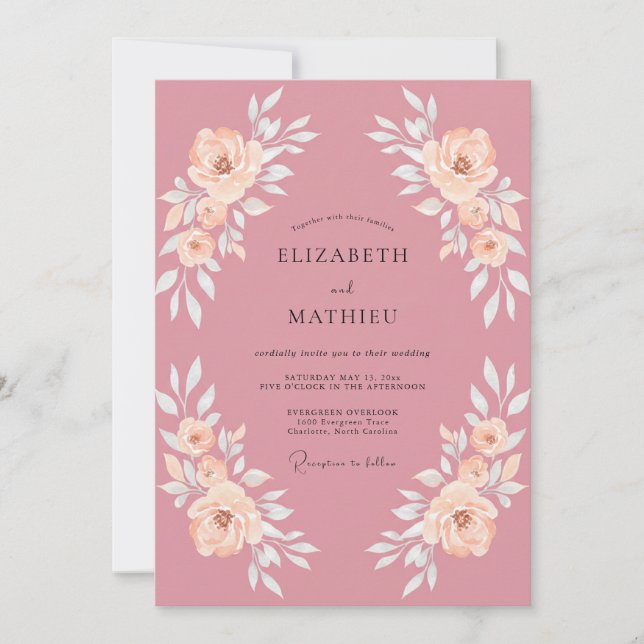 Invitación Boda floral romántica con rubor de rosa (Anverso)