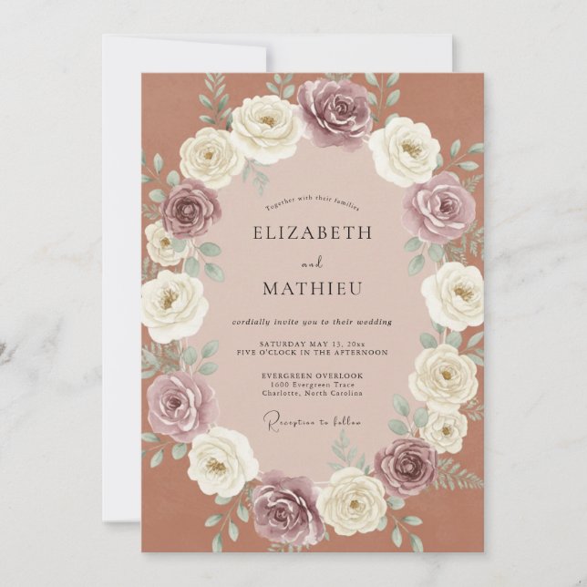 Invitación Boda floral romántica con toque de rosa (Anverso)