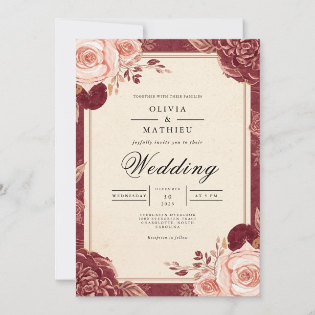 Invitación Boda Floral Romántica Crimson Bloom (Anverso)
