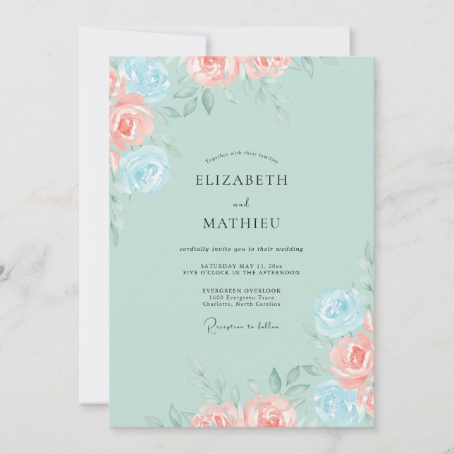 Invitación Boda floral romántica de agua pálida (Anverso)