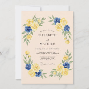 Invitación Boda floral romántica de amarillo y azul marino
