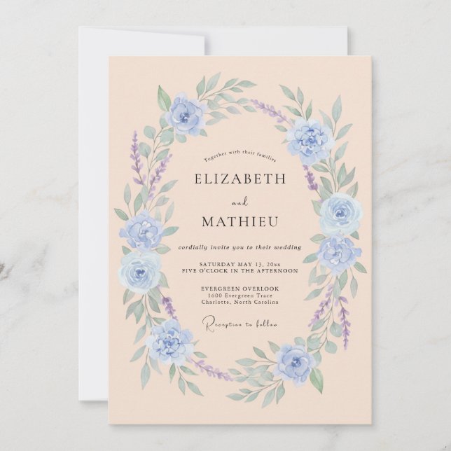 Invitación Boda floral romántica de azul claro (Anverso)