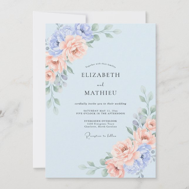 Invitación Boda floral romántica de azul pastel (Anverso)