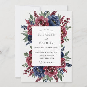 Invitación Boda floral romántica de color azul burdeos