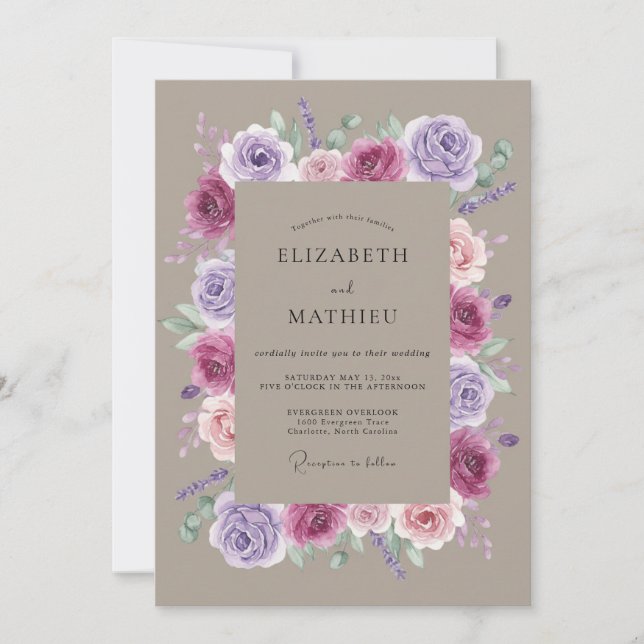 Invitación Boda floral romántica de lavanda ciruela (Anverso)
