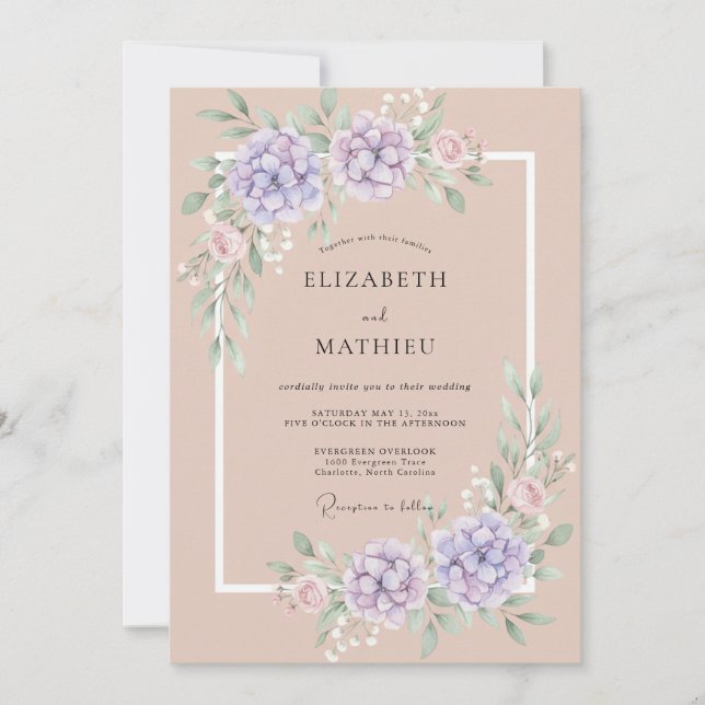Invitación Boda Floral Romántica de Lavanda y Melocotón (Anverso)