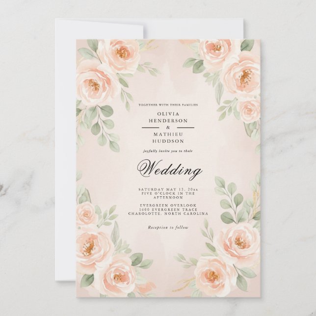 Invitación Boda floral romántica de melocotón (Anverso)