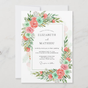 Invitación Boda floral romántica de menta coral