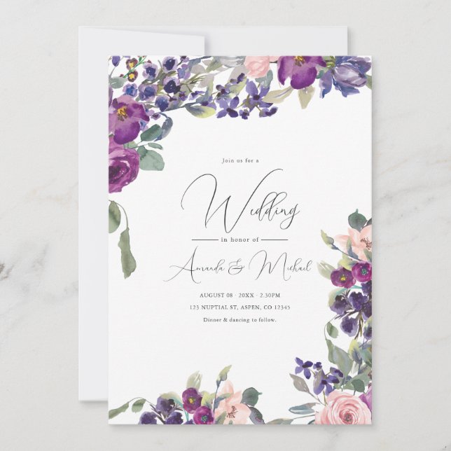 Invitación Boda floral romántica de morado y rosa (Anverso)