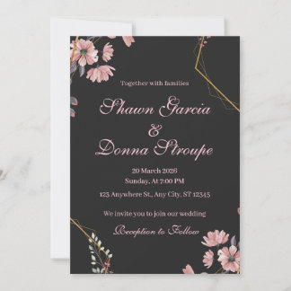 Invitación Boda floral romántica de rosa sonrojado y negro