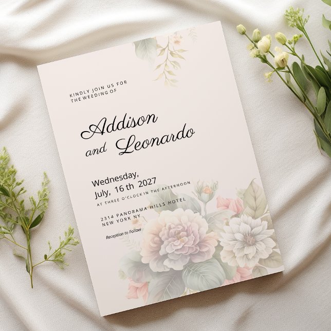 Invitación Boda floral romántica de verano en marfil rosa azu (Romantic ivory pink blue summer floral wedding)