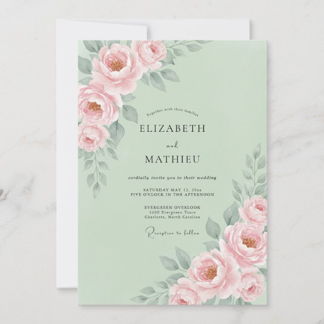 Invitación Boda floral romántica de verde pálido (Anverso)