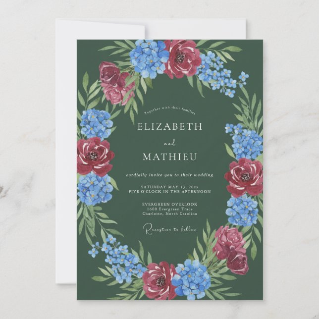 Invitación Boda floral romántica de verde profundo (Anverso)