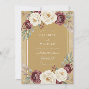 Invitación Boda floral romántica en ocra borgoña