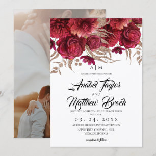 Invitación Boda floral romántica en rojo burgundy y dorado