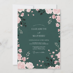 Invitación Boda floral romántica en verde cazador