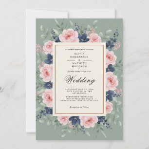Invitación Boda floral romántica en verde salvia