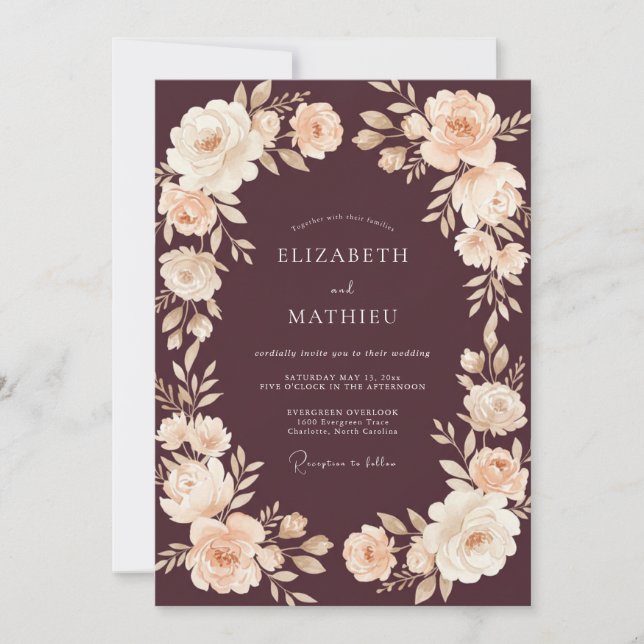 Invitación Boda floral romántica granate (Anverso)
