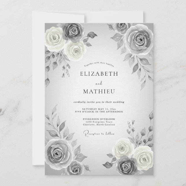 Invitación Boda floral romántica gris (Anverso)