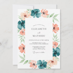 Invitación Boda Floral Romántica Melocotón Verde Teal