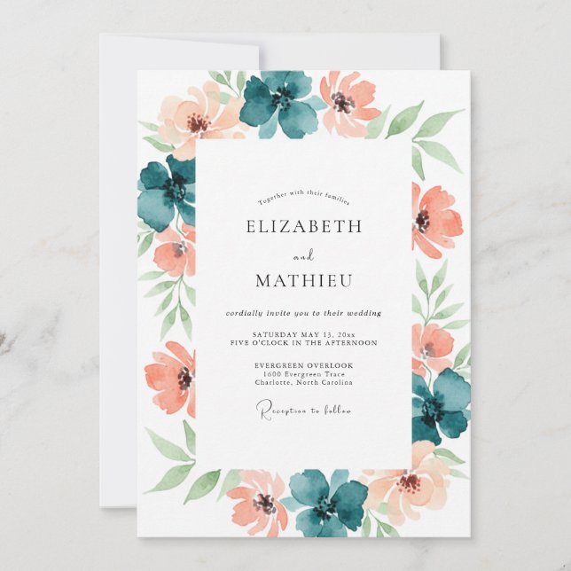 Invitación Boda Floral Romántica Melocotón Verde Teal (Anverso)