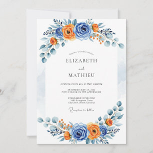 Invitación Boda Floral Romántica Naranja Azul