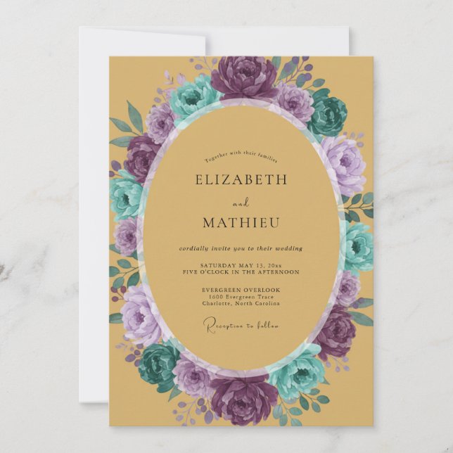 Invitación Boda floral romántica ocra (Anverso)