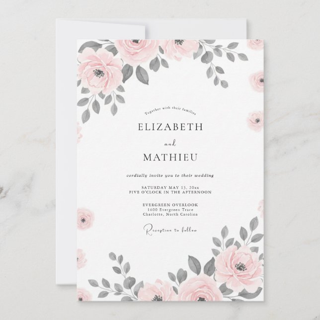Invitación Boda Floral Romántica Plata Rubor (Anverso)